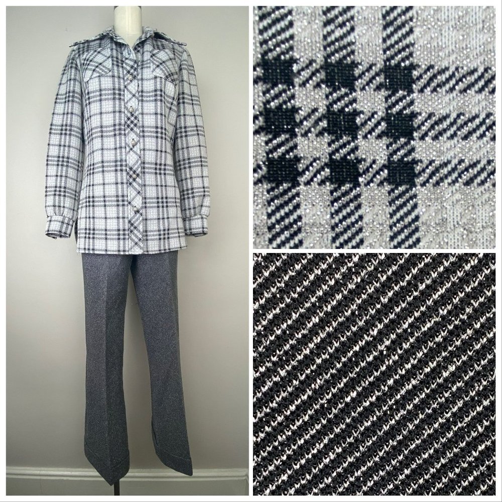 Vintage 1970s Lurex Leisure Suit, Tucker Knits, Black Silver Plaid Shirt Jacket
